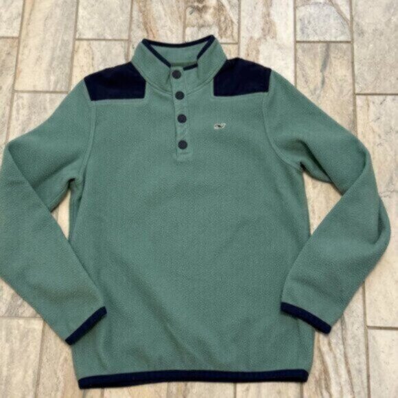 Vineyard Vines kids youth medium green/navy 1/4 snap fleece Shep pullover - Picture 1 of 5